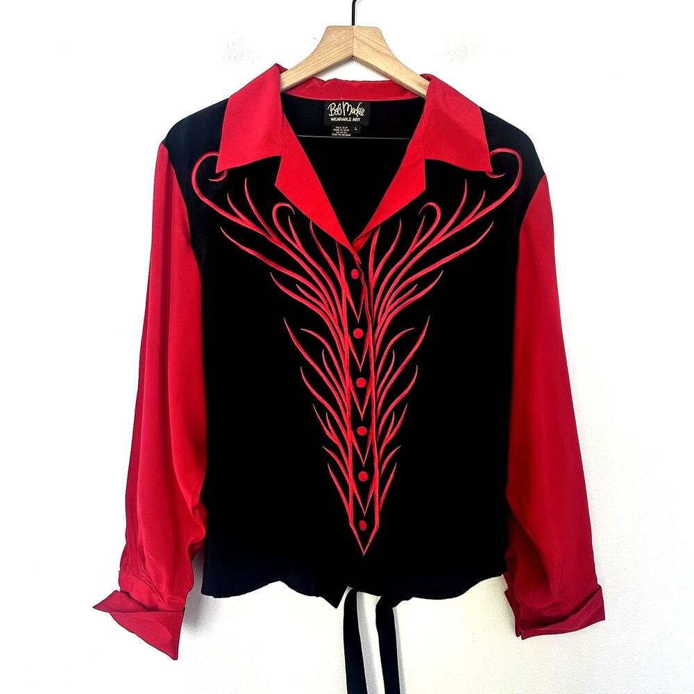 Vintage Bob Mackie 100% Silk Blouse Black Red Western Embroidered Flames 90s L